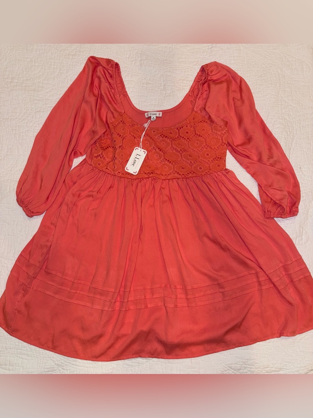 L Love Coral Boho Babydoll Dress Medium Puff Sleeve Cottagecore Peasant Mini - Picture 2 of 6
